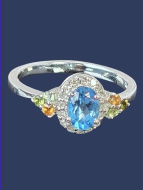 925 Sterling Silver Ring 8 with Natural Blue Topaz, Tourmaline & Diamonds